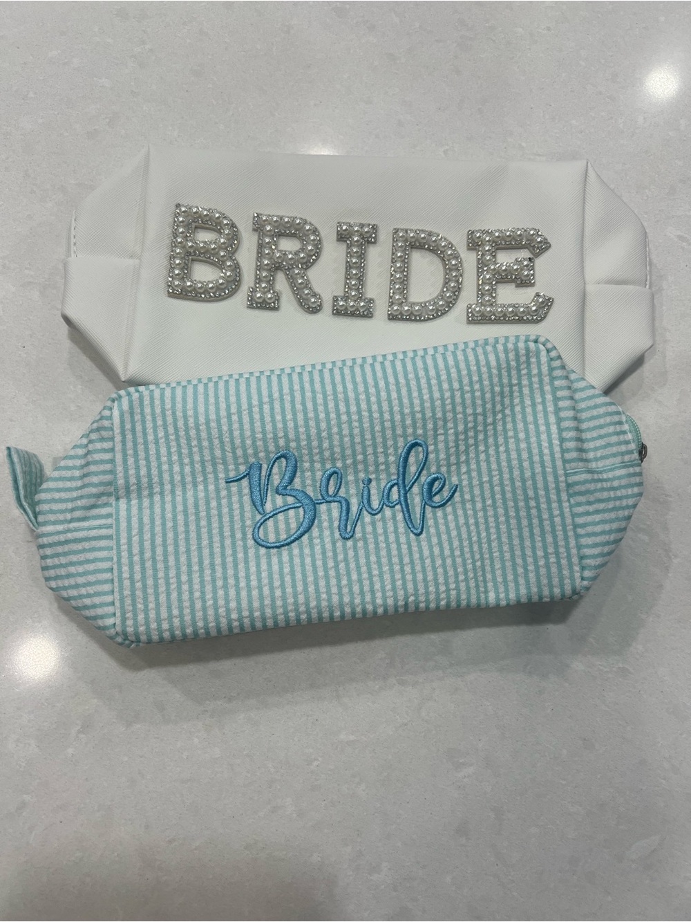 Bride Cosmetic Pouches - White with Rhinestone & Light Blue Striped Embroidered